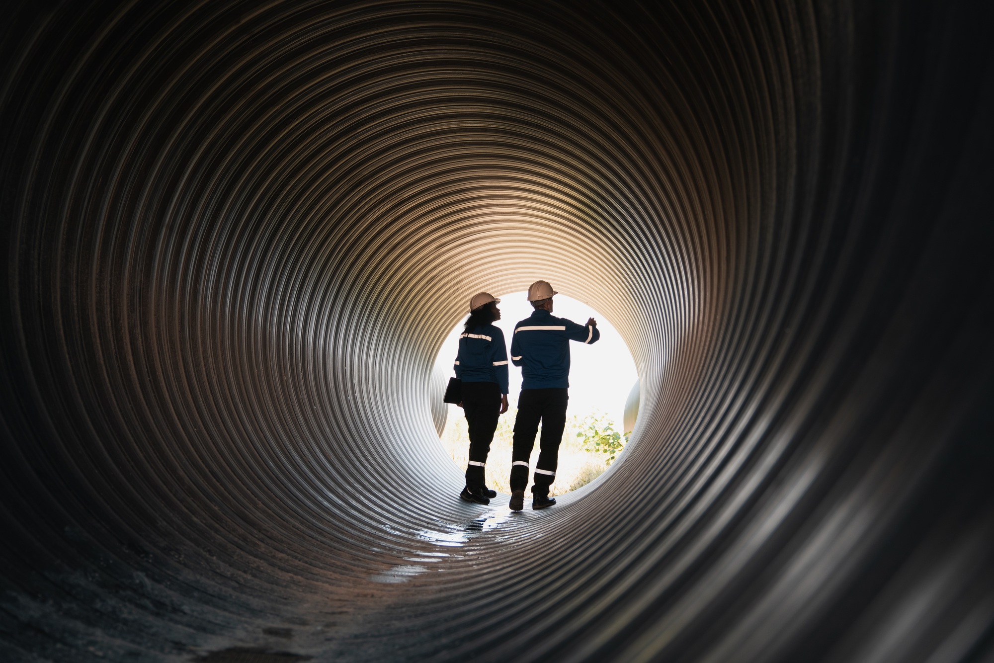 Workers inside a big steel pipe building a pipeline for oil, gas, and fuel at an industrial site.